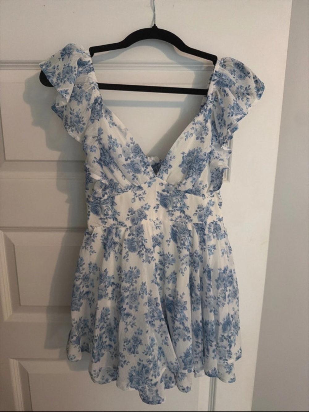 White & Blue Floral Ruffle V-Neck Romper
